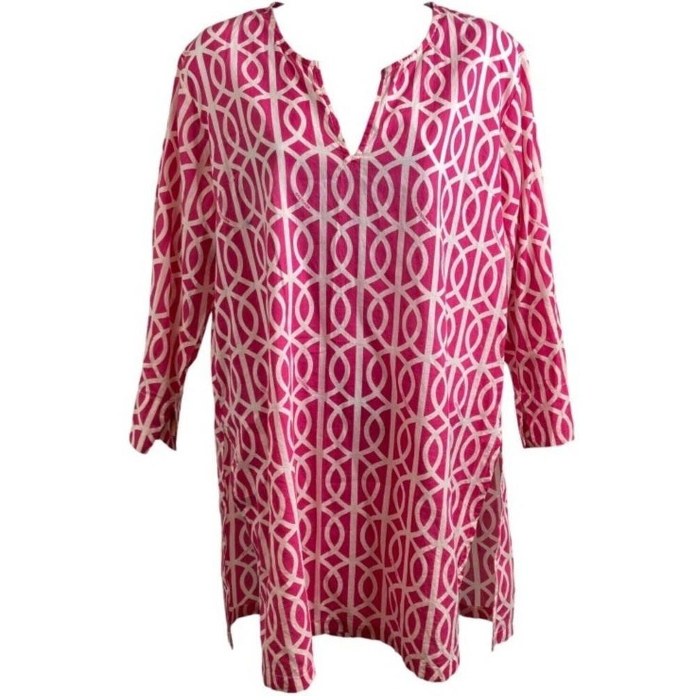VTG Gretchen Scott Bright Pink Whiter Greek Key Print Cotton Tunic Top Women's M